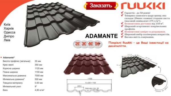 Металочерепиця — Ruukki Adamante Rough Matt / Ruukki 30  ⁇  RR 23 — изображение 3
