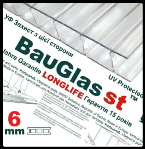 Стільниковий полікарбонат 6 мм BauGlas ST Longlife 1UV прозорий Стандарт (Сербія) 1 Стільниковий полікарбонат 6 мм BauGlas ST Longlife 1UV прозорий Стандарт (Сербія)