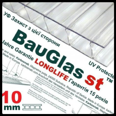 Стільниковий полікарбонат 10 мм BauGlas ST Longlife 1UV прозорий Стандарт (Сербія) 1 Стільниковий полікарбонат 10 мм BauGlas ST Longlife 1UV прозорий Стандарт (Сербія)