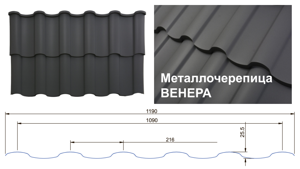 Металочерепиця Венера / Arvedi / 0,5 мм / PEMA — RAL 7024 3 Металочерепиця Венера / Arvedi / 0,5 мм / PEMA — RAL 7024 - Зображення 3